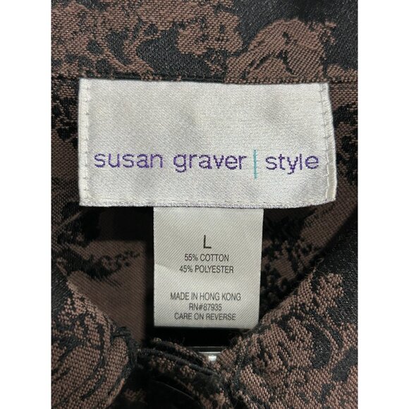 Susan Graver Style Floral Long Sleeve Button Front Shacket Black Brown Sz Large - Picture 5 of 9